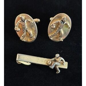 Vintage Shields Gold Tone Bowling Bowler Cufflinks & Tie Clip